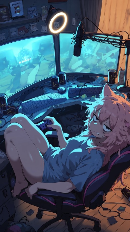 A tired anime girl with pink hair and cat ears reclines in a gaming chair holding a controller, surrounded by dual monitors and energy drink cans in a messy room.