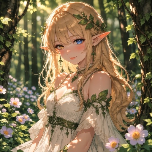 A smiling blonde elf girl with blue and amber eyes wearing a vine-adorned white dress in a sunlit forest.
