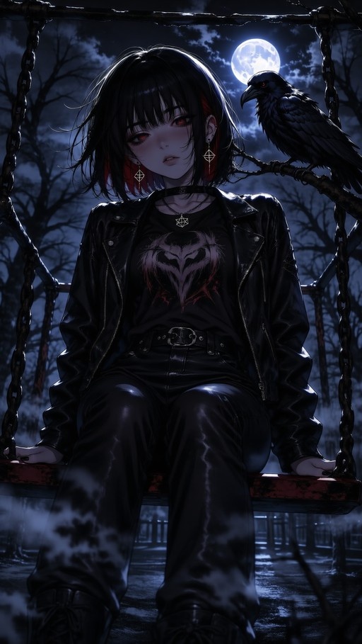 Gothic anime girl with red eyes sitting on a swing under a full moon with a crow perched nearby