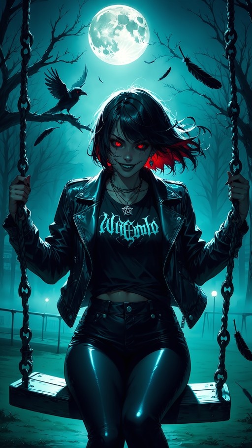 A gothic girl with glowing red eyes and black hair sits on a swing under a full moon with a crow nearby.