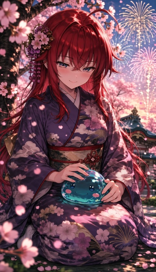 Red-haired anime woman in purple floral kimono sitting under cherry blossoms holding a blue slime creature with fireworks in the background