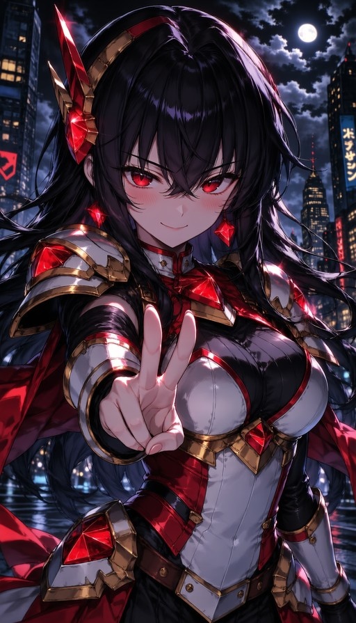 An anime-style portrait of a young woman with long black hair and red eyes wearing red and white armor. She smiles and makes a peace sign with her hand while standing in front of a city skyline at night under a full moon.