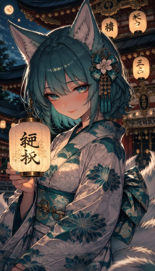 A blue-haired anime fox girl with white ears and multiple tails smiles while holding a glowing paper lantern in front of a traditional Japanese shrine at night under a full moon.