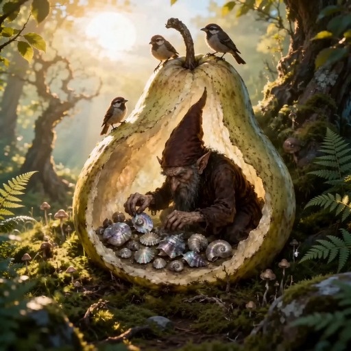 An elderly fantasy figure with pointy ears and a long beard wearing a brown robe stands in a sunlit forest.