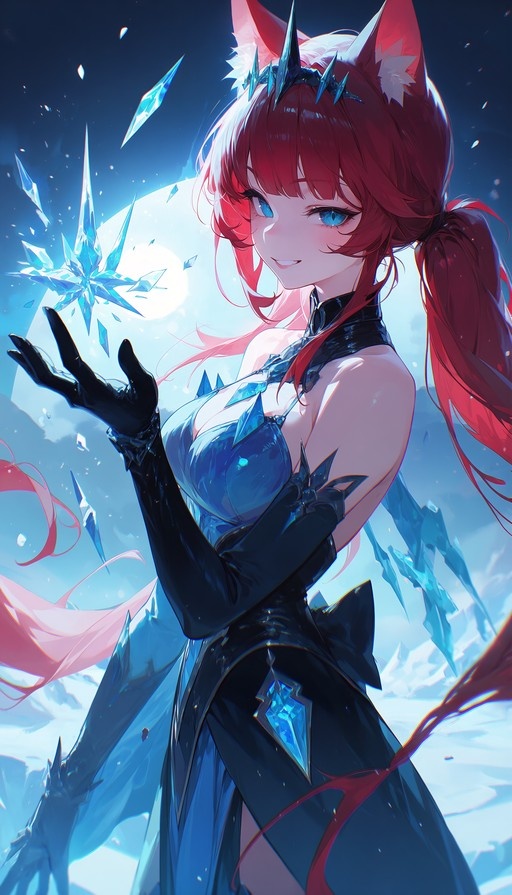 Anime girl with red hair and fox ears holding a large blue ice crystal under a full moon.