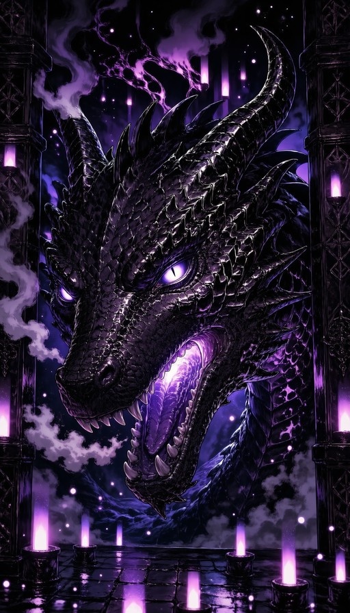 A black dragon with glowing purple eyes and sharp horns exhales purple smoke in a candlelit hall.