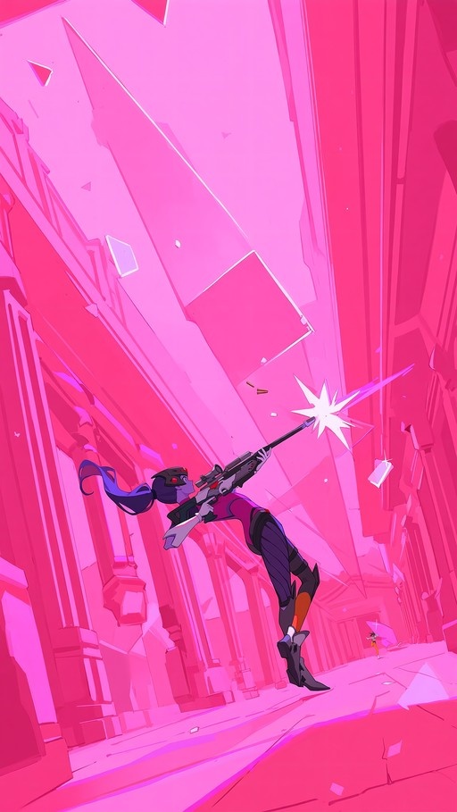 Widowmaker from Overwatch floating and firing a sniper rifle in a vibrant pink environment.