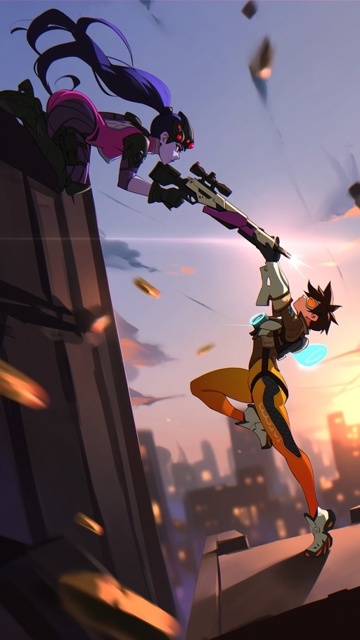 Tracer dodging a bullet from Widowmaker's sniper rifle on a rooftop at sunset.