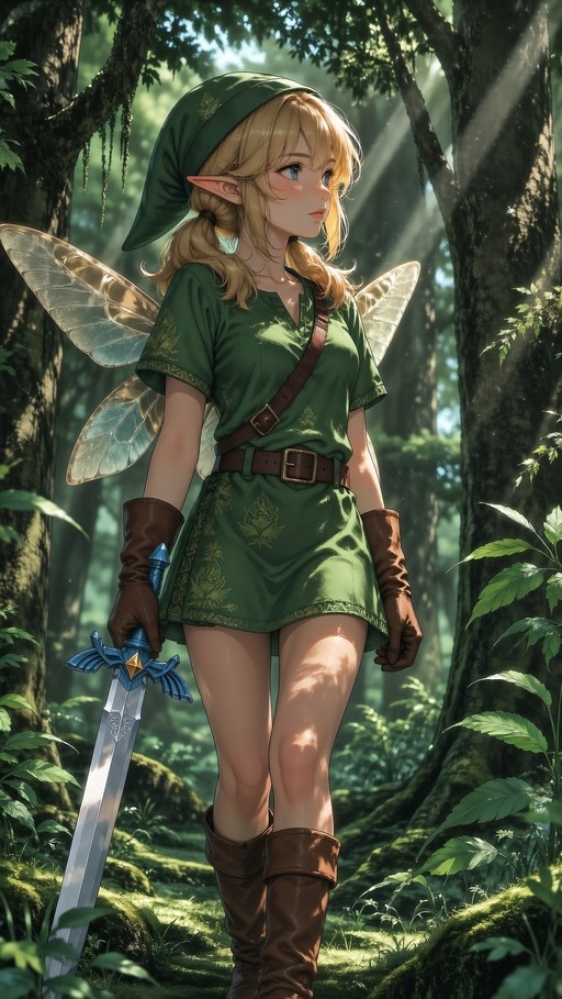 A blonde anime girl wearing a green tunic and hat holding the Master Sword with fairy wings in a forest.