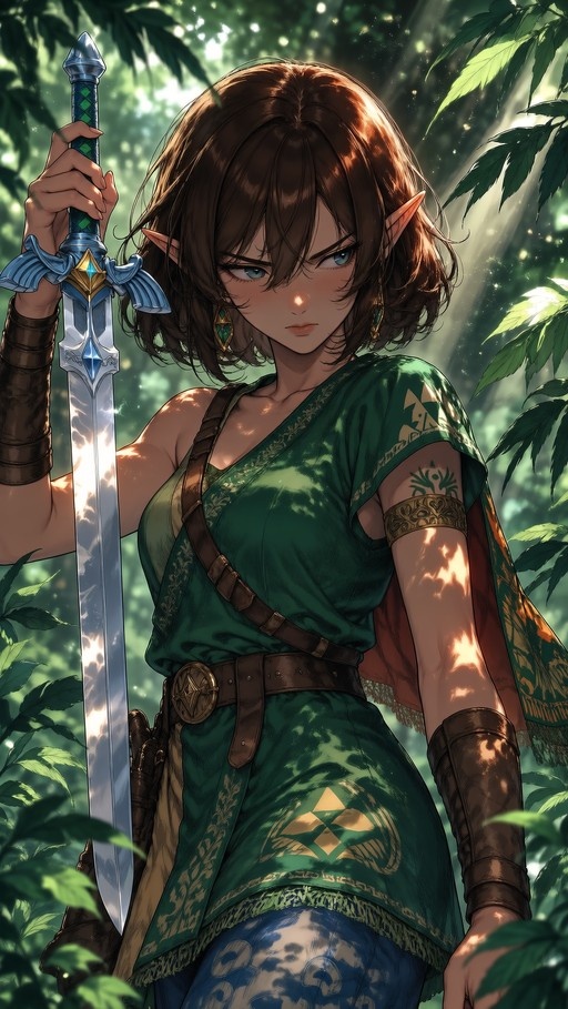 A female elf character resembling Link from Legend of Zelda stands in a forest holding a sword