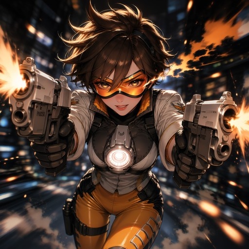 Tracer from Overwatch leaps forward firing dual pistols with bright muzzle flashes, wearing her signature orange goggles and white jacket.