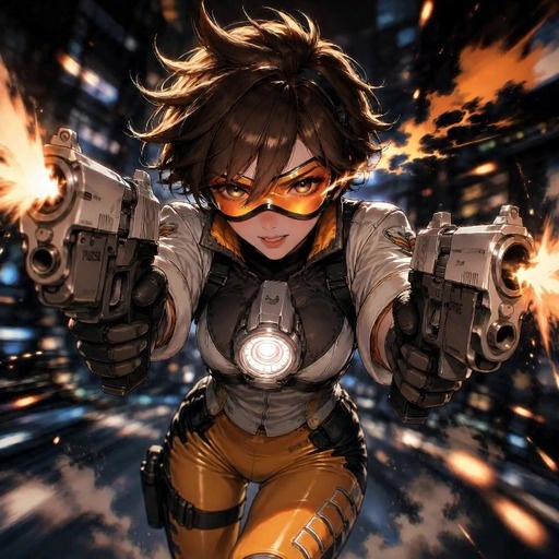 A woman in an orange bodysuit and goggles fires dual pistols while leaping through a rainy cyberpunk city at night, with slow-motion effects emphasizing her acrobatic movements against a sword-wielding opponent.