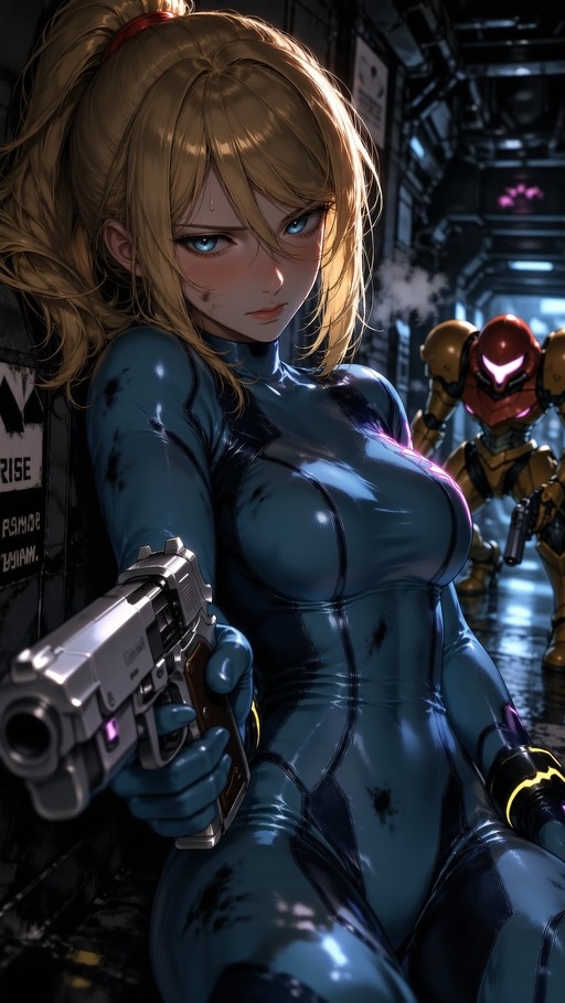 Samus Aran in a blue Zero Suit holding a silver handgun with an armored figure in the background