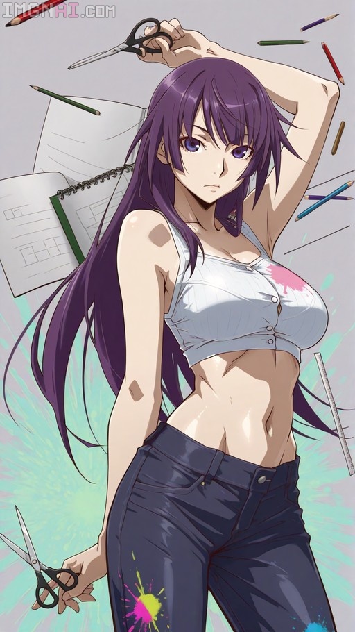 Digital illustration of Hitagi Senjougahara with long purple hair holding scissors while surrounded by floating notebooks and pencils.