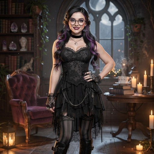 A smiling woman with black and purple hair wearing a gothic lace dress and glasses stands in a candlelit library with books and a moonlit window.
