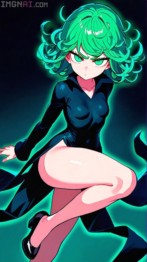 Tatsumaki from One-Punch Man with curly green hair and a black dress, surrounded by a glowing teal aura.