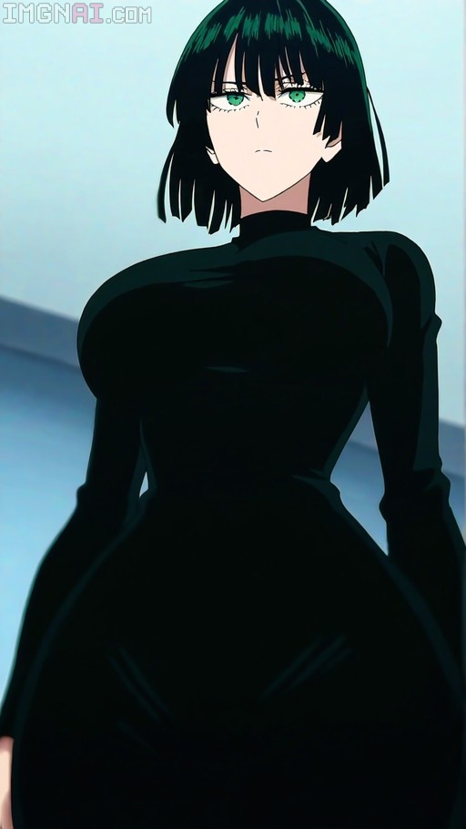 Fubuki from One-Punch Man with short black hair and green eyes wearing a tight black dress