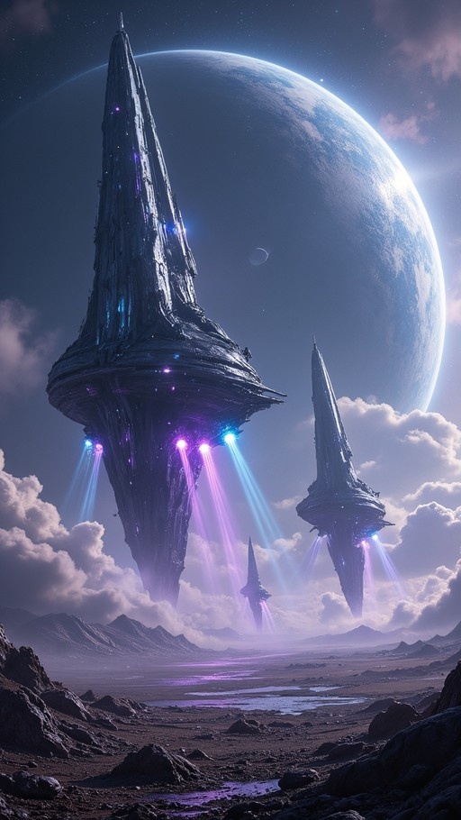 Three dark floating towers beam purple light onto a rocky alien surface beneath a giant planet.