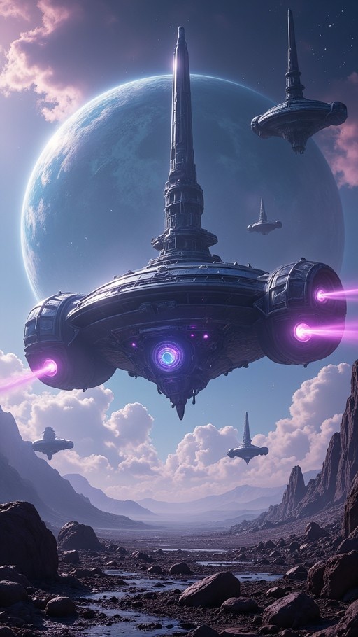 A large dark spaceship with glowing purple thrusters hovers over a rocky landscape with a massive blue planet in the background.