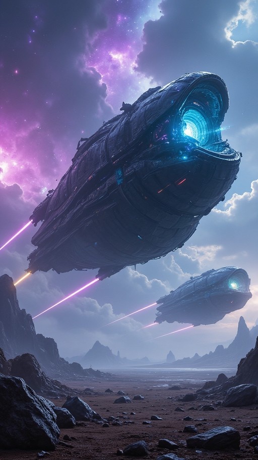 Two large dark spaceships flying over a rocky alien planet, firing pink lasers under a purple cloudy sky.