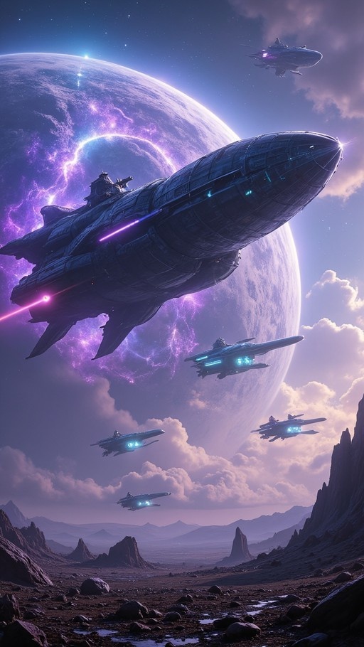 A massive dark spaceship and a squadron of smaller fighter craft fly above a rugged alien landscape, set against a backdrop of a giant purple planet and swirling nebulae.