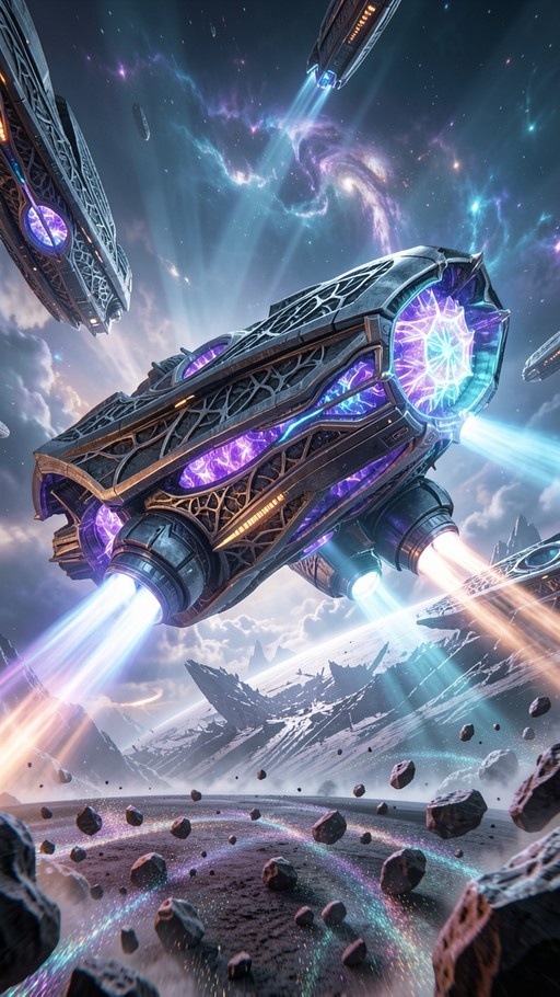 A large futuristic spaceship with glowing purple engines flies low over a rocky alien surface amidst floating debris and a colorful nebula sky.
