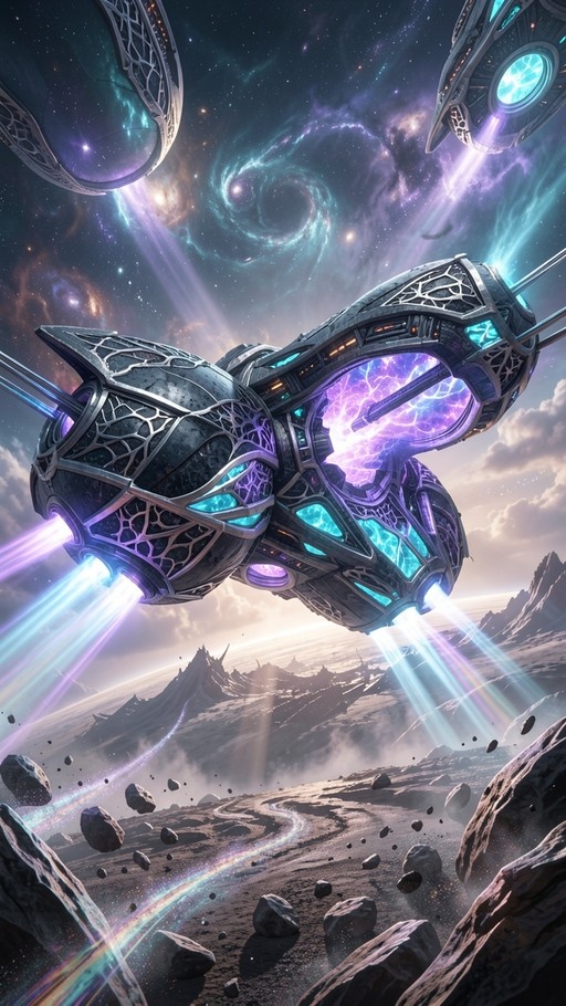 A large futuristic spaceship with glowing blue and purple lights hovers over a rocky alien landscape with a swirling galaxy in the background.