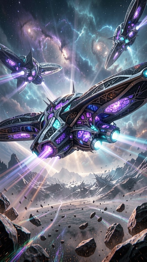 Three ornate dark spaceships with glowing purple engines fly over a jagged mountainous planet surface under a vibrant nebula sky filled with stars and lightning.