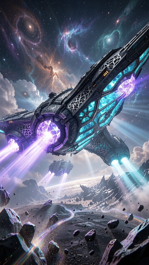 A detailed futuristic spaceship with glowing blue and purple engines flies low over a barren, rocky alien terrain beneath a starry sky filled with colorful nebulae.
