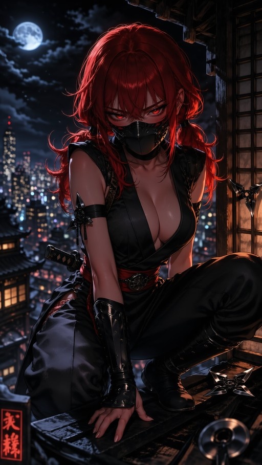A digital illustration of a red-haired female ninja with glowing red eyes and a black face mask crouching on a wooden rooftop at night, overlooking a lit city skyline under a full moon.