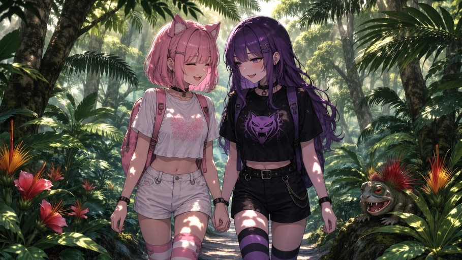 Two anime girls with animal ears walking hand in hand through a lush green forest, accompanied by a small reptilian creature on a rock.