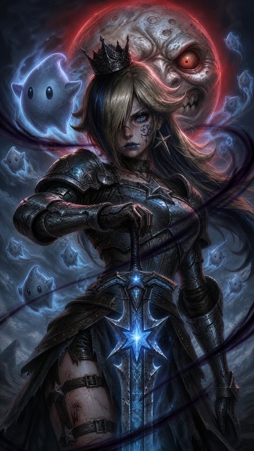 Rosalina in dark armor holding a glowing star sword with Luma ghosts and a red moon background
