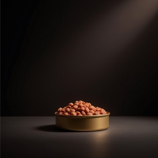 A golden can filled with brown dry cat food kibble sits on a dark surface, illuminated by a dramatic spotlight against a black background.