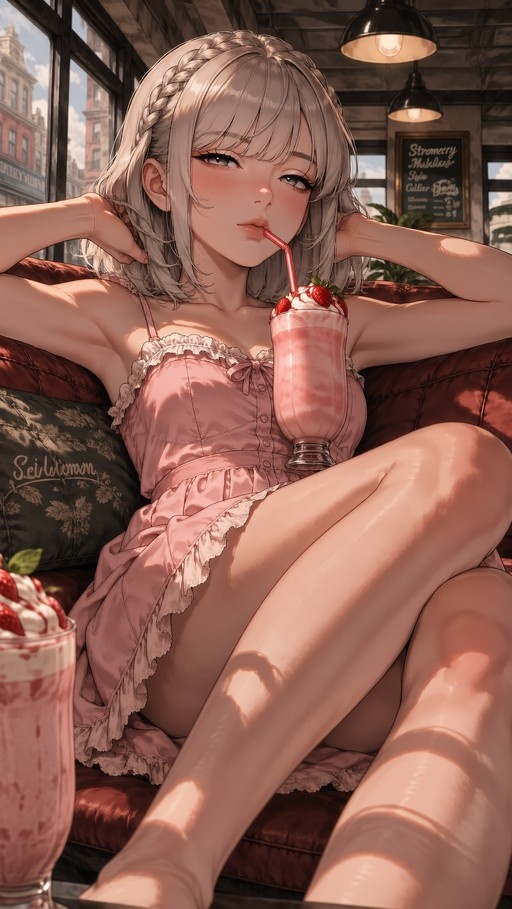 Anime-style illustration of a silver-haired girl in a pink dress reclining on a leather sofa while sipping a strawberry milkshake.
