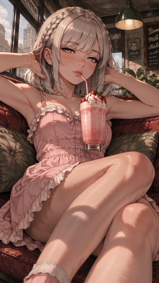 Anime girl with grey braids drinking strawberry milkshake in pink dress