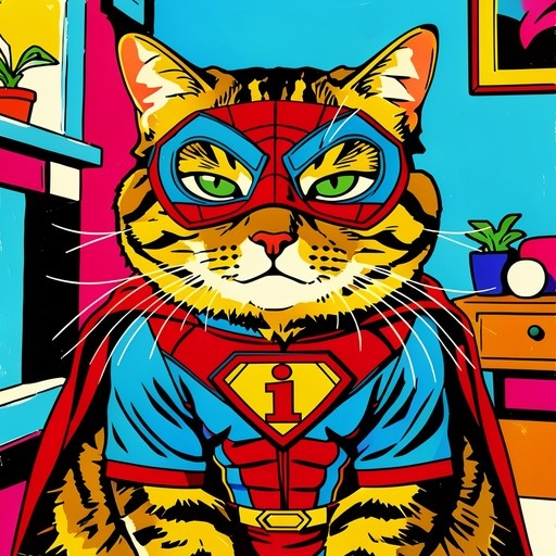 Digital illustration of an orange tabby cat in a red and blue superhero costume with a mask, cape, and an 'i' emblem on its chest.