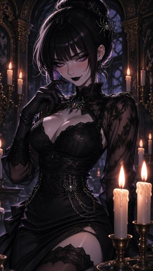 A digital illustration of a pale woman with purple eyes and black hair in an updo, wearing a black lace dress with spider jewelry and gloves, standing among candles in a gothic hall.