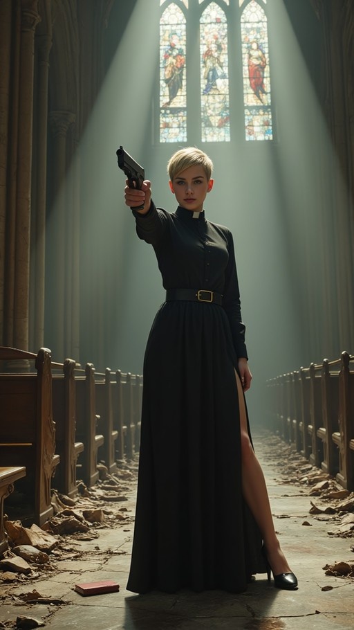 A blonde woman in a long black clerical dress stands in a ruined church aisle, aiming a handgun directly at the viewer while sunlight streams through stained-glass windows behind her.