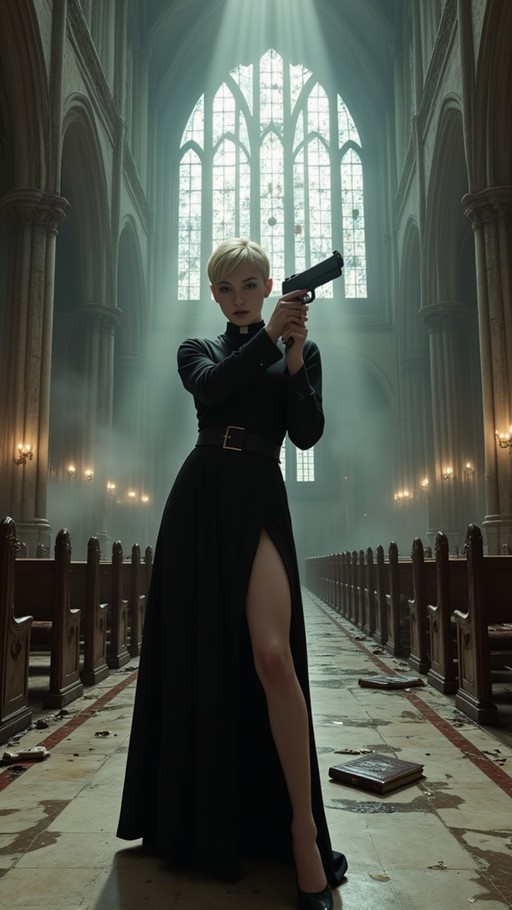A full-body shot of a blonde woman resembling Riza Hawkeye in a long black dress with a high slit and clerical collar standing in a church aisle, holding a handgun up and aiming it forward while sunlight streams through large windows behind her.