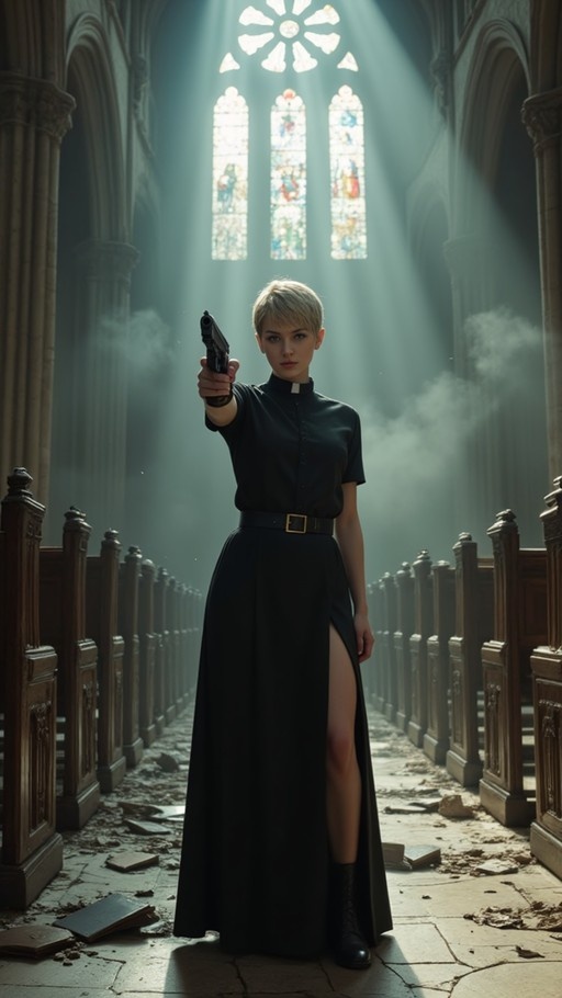 A blonde woman with short hair in a black dress points a handgun at the viewer inside a church with stained glass windows and debris on the floor.