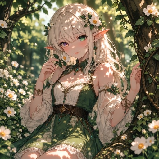 A heterochromatic elf girl with long white hair and pointed ears sits in a sunlit forest, wearing a green dress and holding a white daisy.