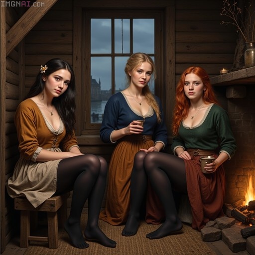 Three women in medieval Dutch clothing sitting on stools near a fireplace, wearing black pantyhose and holding cups, with a view of Amsterdam water outside.
