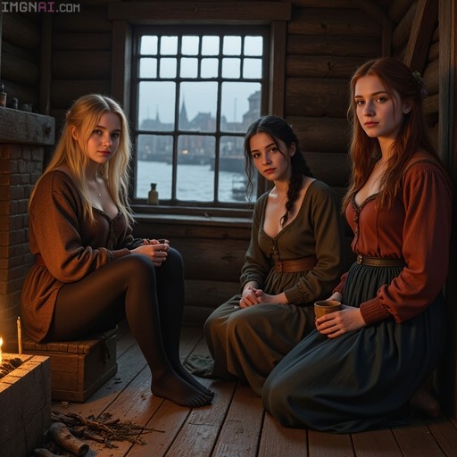 Three women in medieval clothing resting inside a wooden room with a fire and a window overlooking water.
