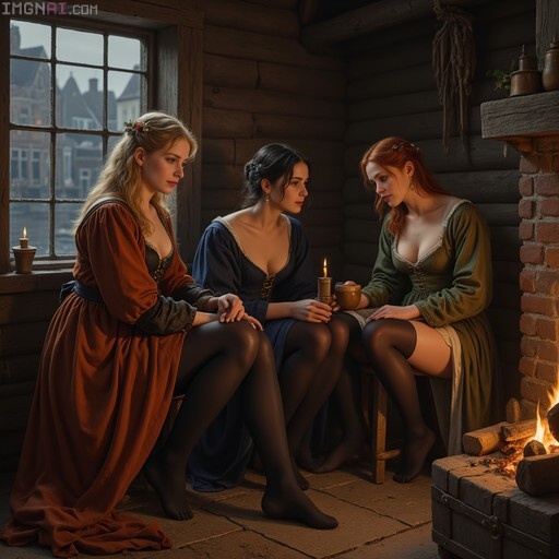 Three women in medieval dresses and black pantyhose sit by a fireplace in a wooden house near the Oude Kerk in Amsterdam.