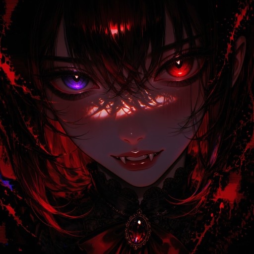 A close-up portrait of a vampire girl with heterochromia, showing one purple eye and one red eye with heart-shaped pupils. She has fangs and is illuminated by red light that casts a tooth-like shadow across her face.