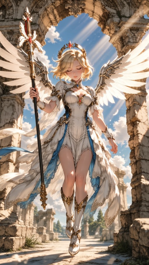Mercy from Overwatch standing in ancient stone ruins holding a golden staff with large white wings spread behind her