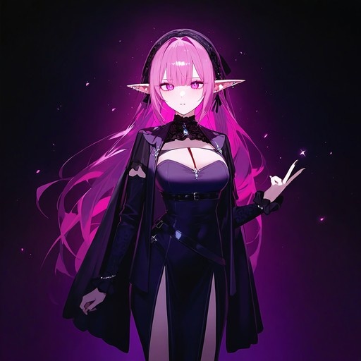 A pink-haired elf woman in a black dress and cape poses against a purple background.