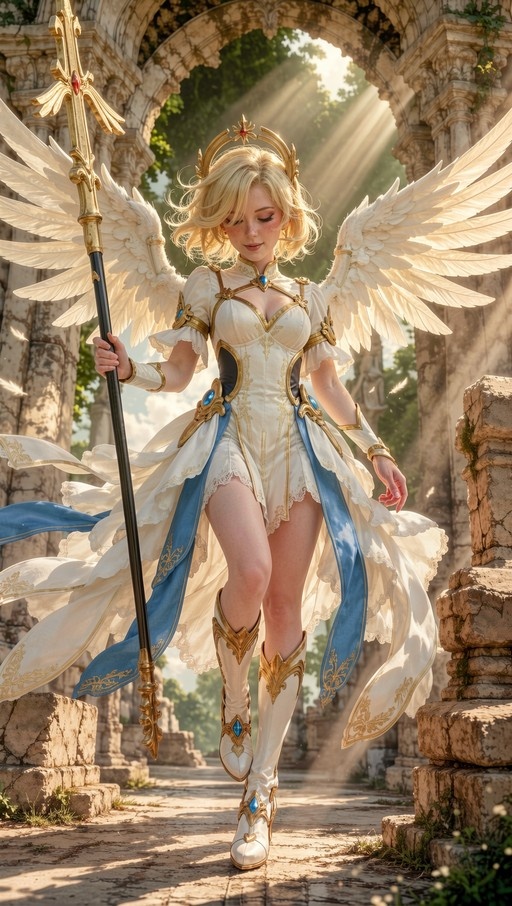 A photorealistic image of the Overwatch character Mercy with large white wings holding a golden staff in ancient stone ruins.