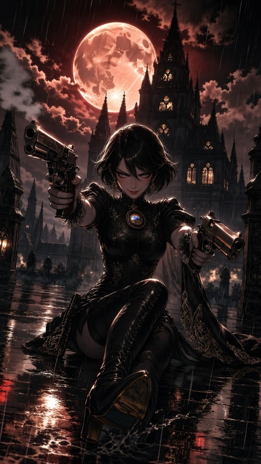 A woman in an ornate black dress and thigh-high boots dual-wields handguns, pointing them forward while kneeling in the rain before a gothic castle under a large red moon.
