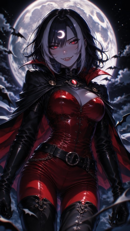 An anime-style illustration of Avril Lavigne cosplaying as Vampirella, wearing a red bodysuit and black cape with fangs visible, standing before a large full moon with bats flying in the night sky.